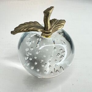 Art Glass Controlled Bubble Apple Paperweight Clear Glass Brass Leaf Stem